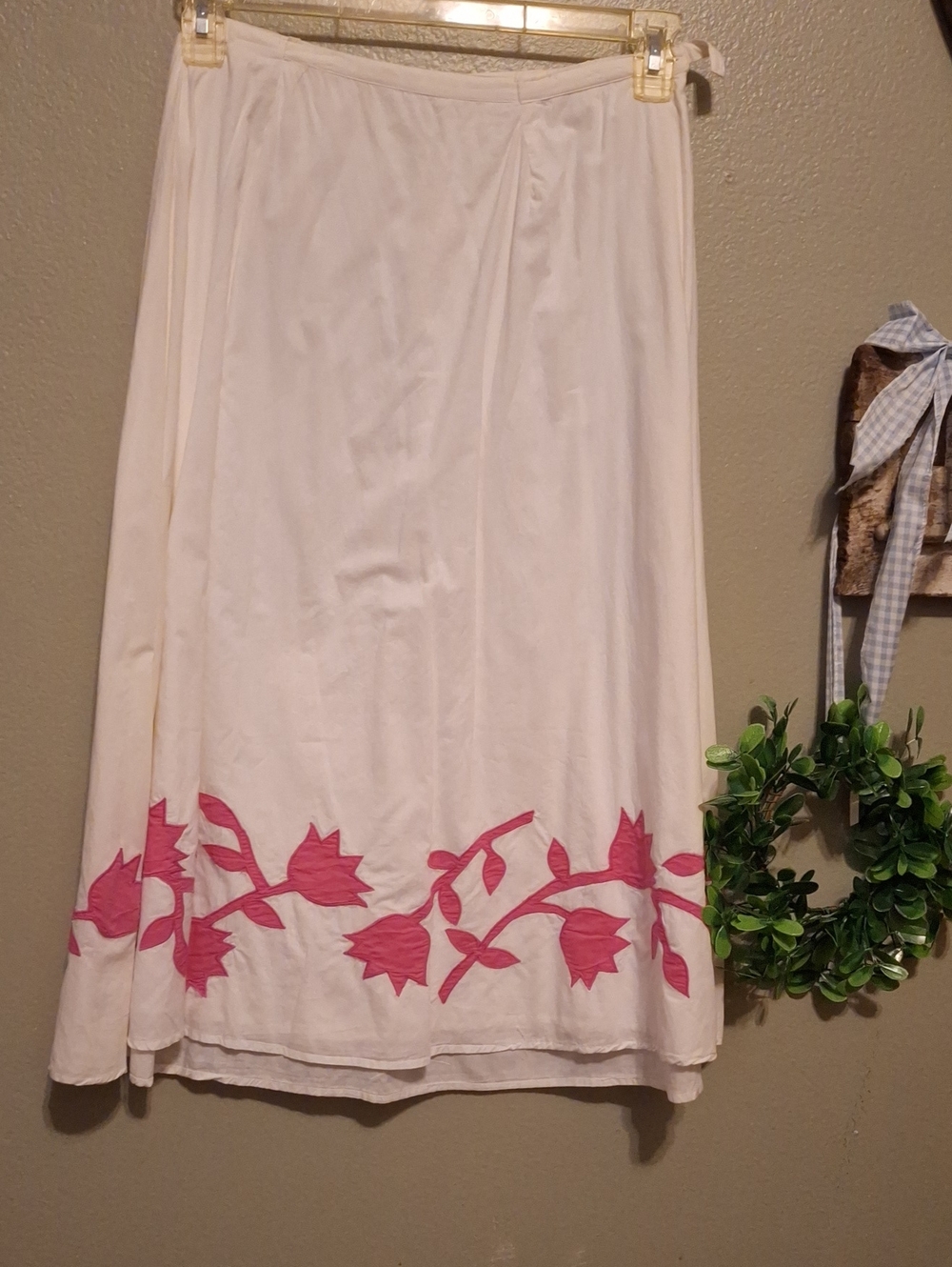 JM Collection Cream Maxi Skirt with Pink Floral Hem With Botton And Side Zipper